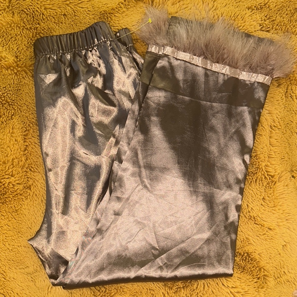 Metallic Satin Pants with Faux Fur Trim